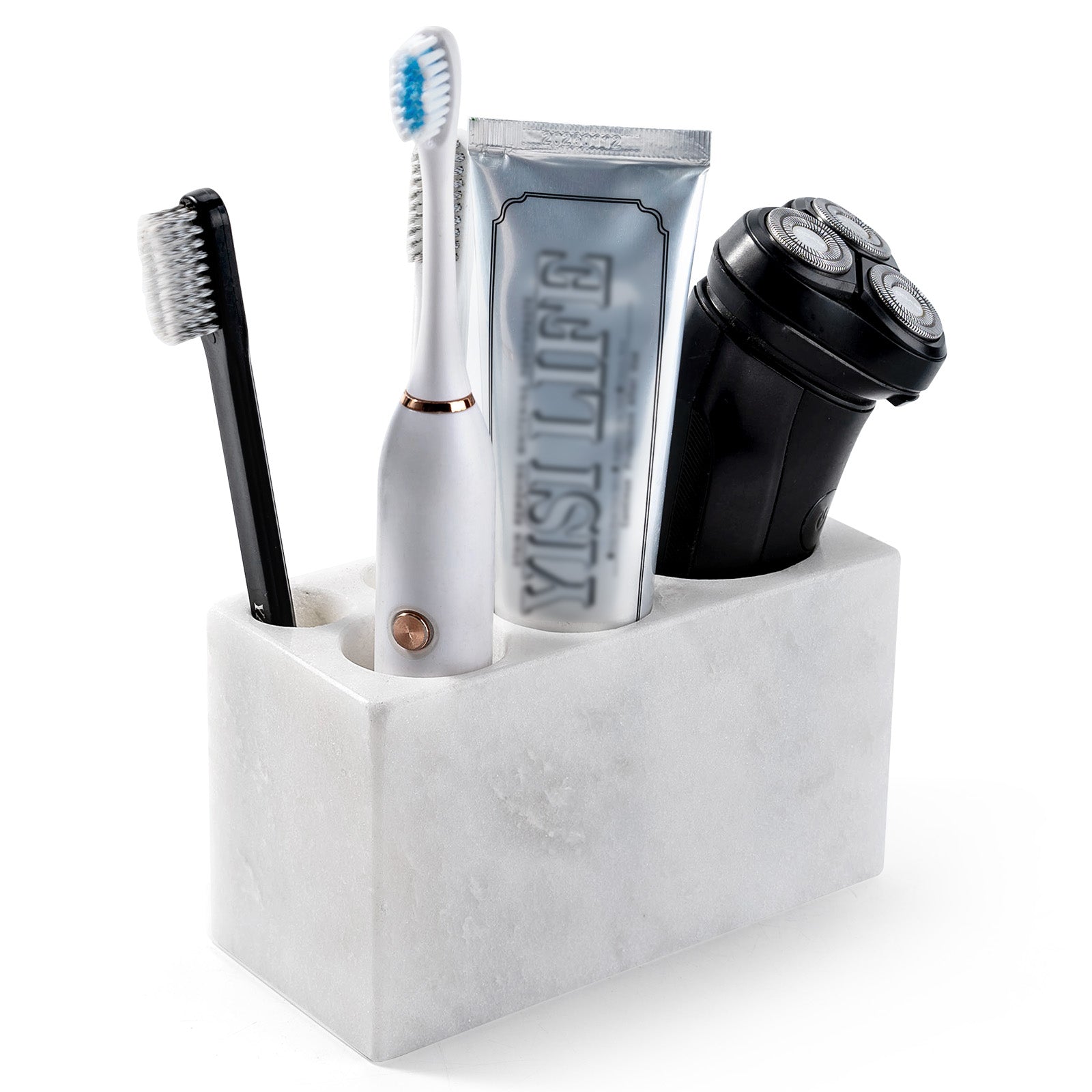 Koville Natural Marble natural stone toothbrush holder in Namib Bianco for bathroom vanity
