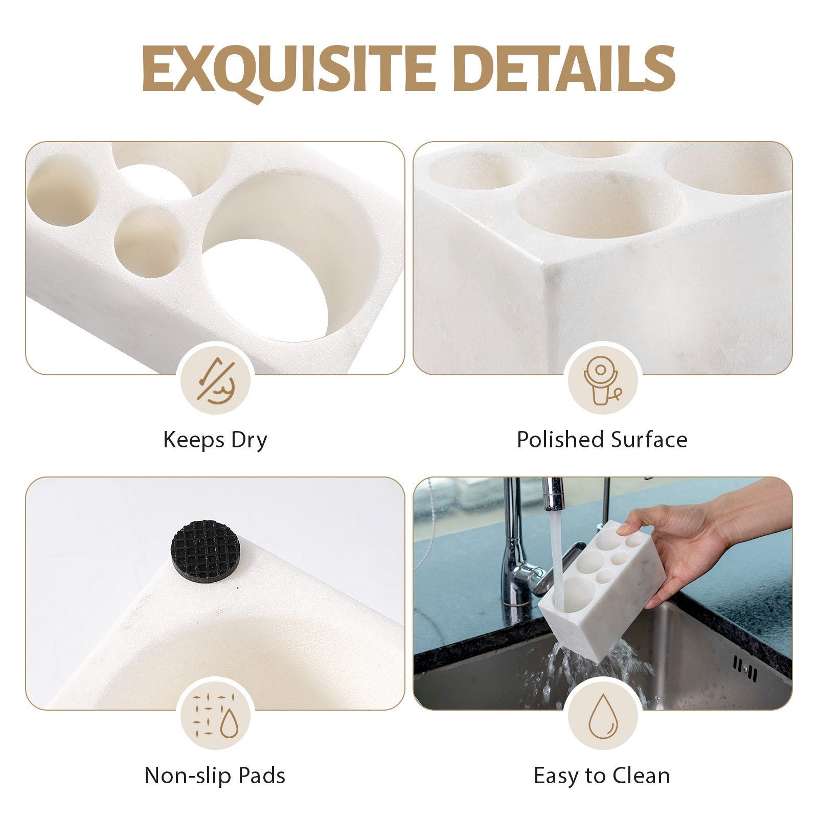 Koville Natural Marble natural stone toothbrush holder in Namib Bianco for bathroom vanity