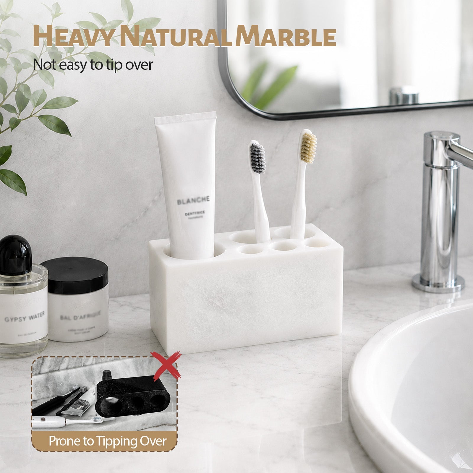 Koville Natural Marble natural stone toothbrush holder in Namib Bianco for bathroom vanity