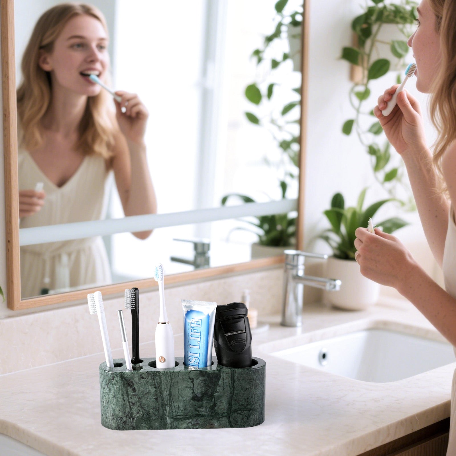 Koville Natural Marble natural marble toothbrush holder in Indian Green for bathroom vanity
