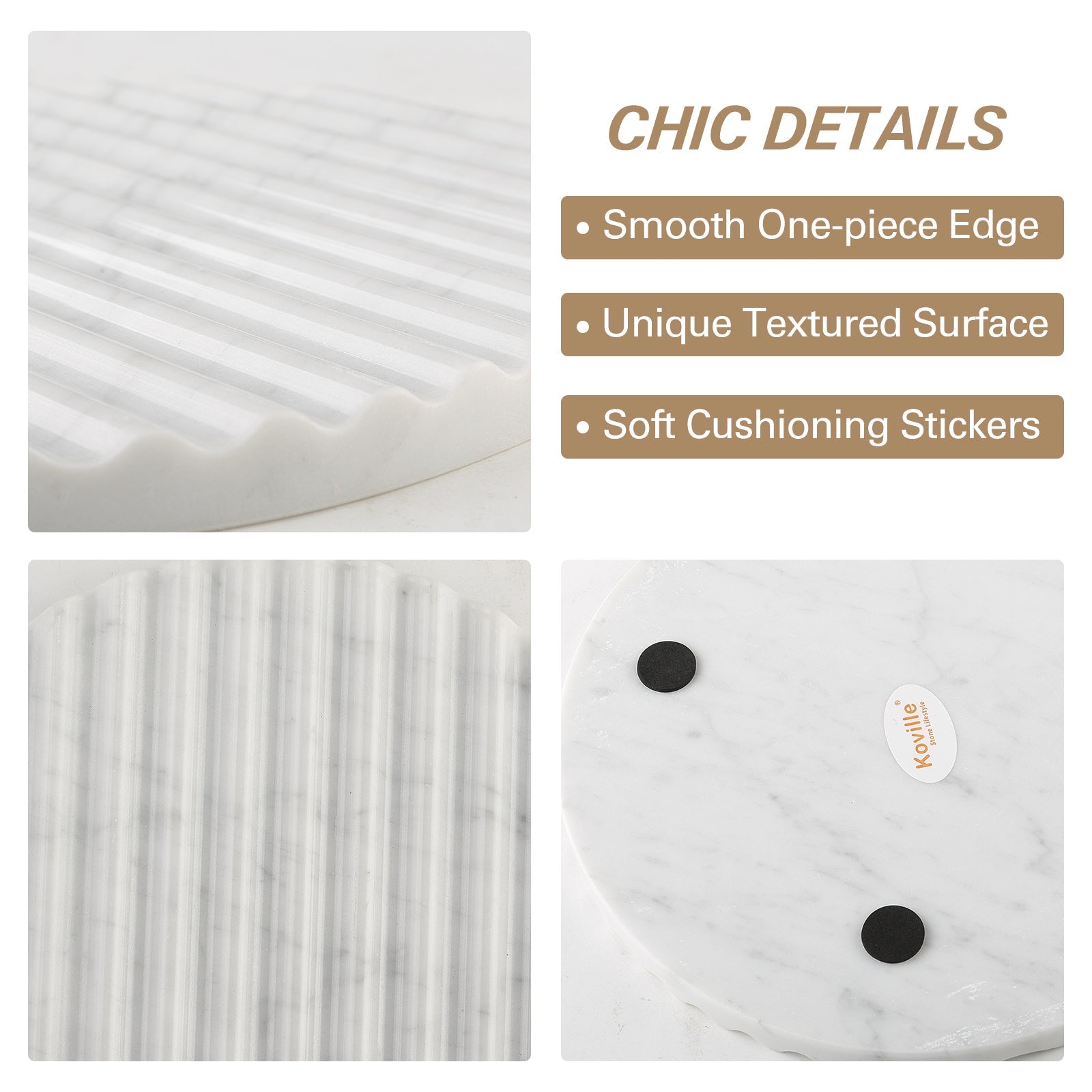 Koville Natural Marble Wavy Round Decorative Tray for Tabletop Styling in Bianco Carrara - material detail