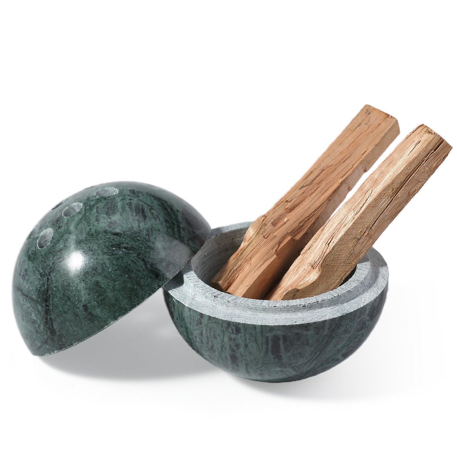 Koville natural marble incense burner d 100 in Indian Green with burning incense stick
