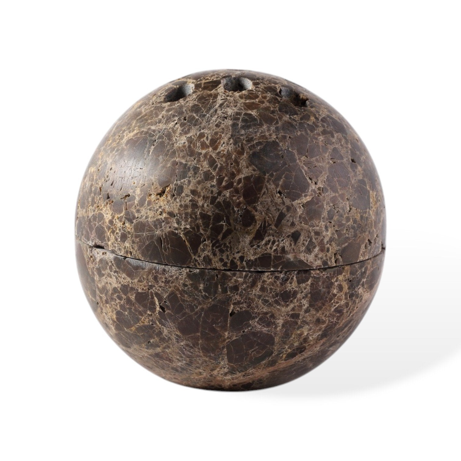 Koville natural marble incense burner d 100 in Light Emperador with burning incense stick