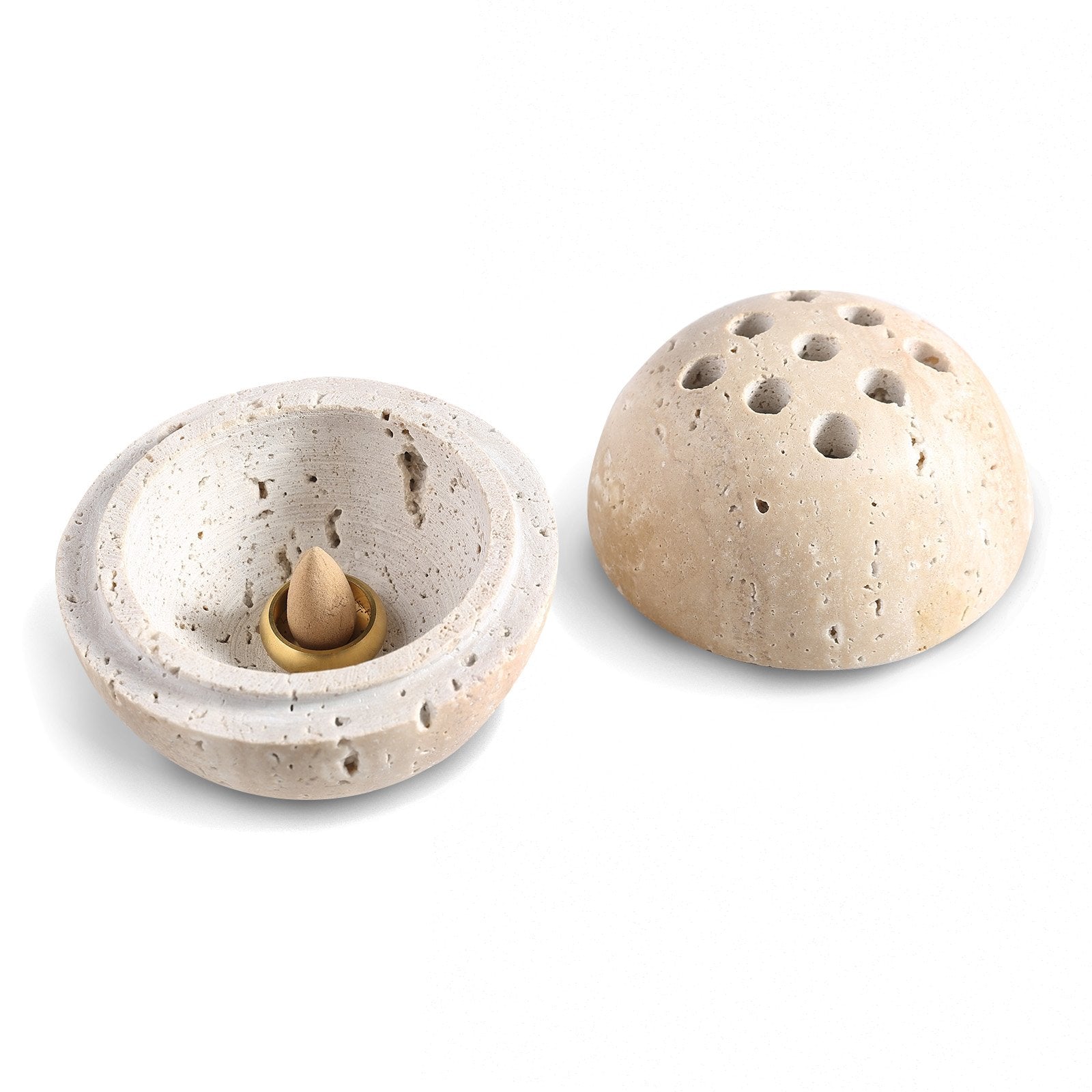 Koville natural marble incense burner d 100 in Travertino Romano with burning incense stick