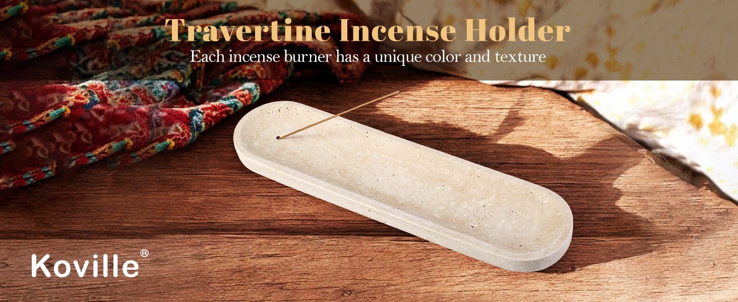 Koville natural marble incense burner pro oval in Travertino Romano with burning incense stick