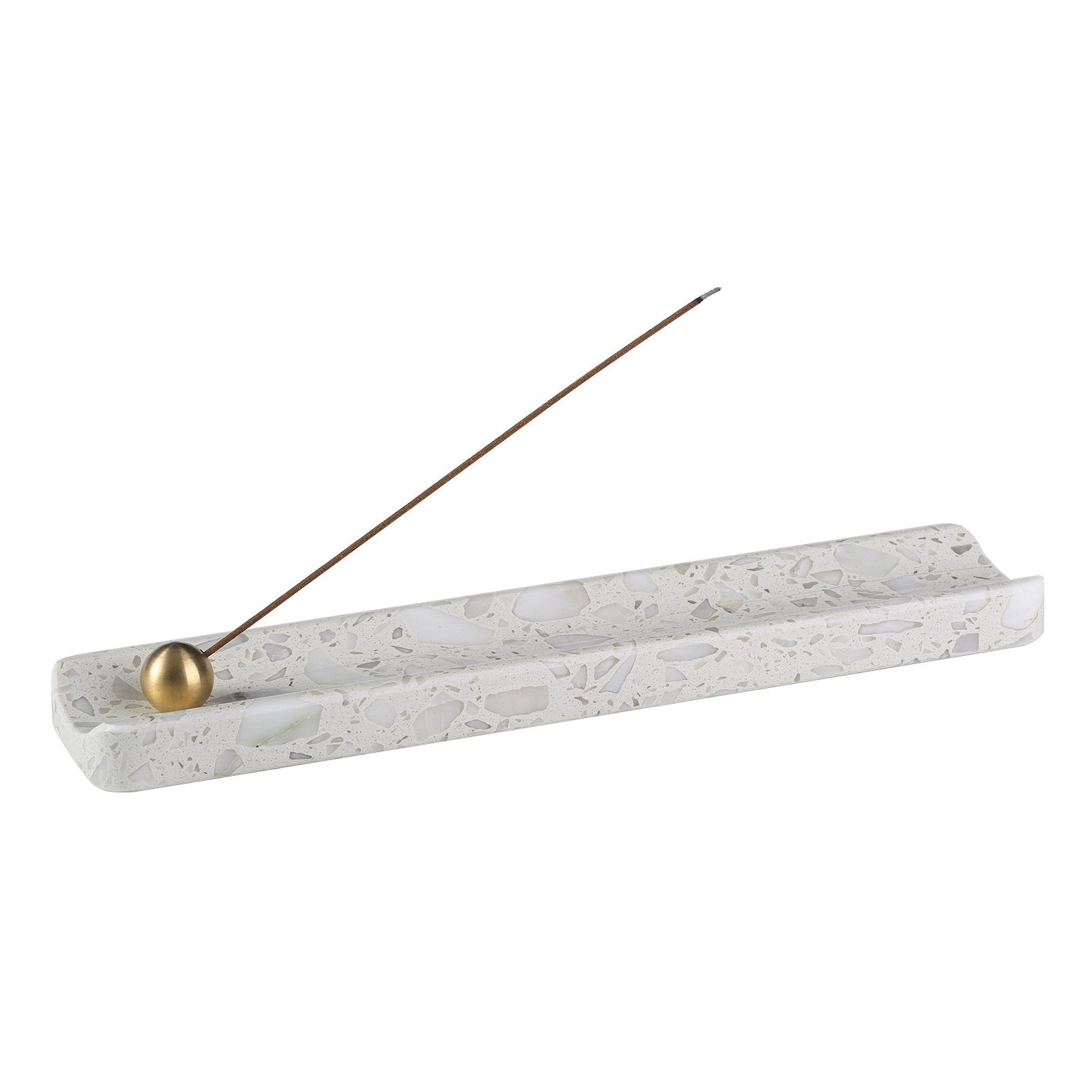 Koville natural marble incense holder in Calacatta Quarella with burning incense stick