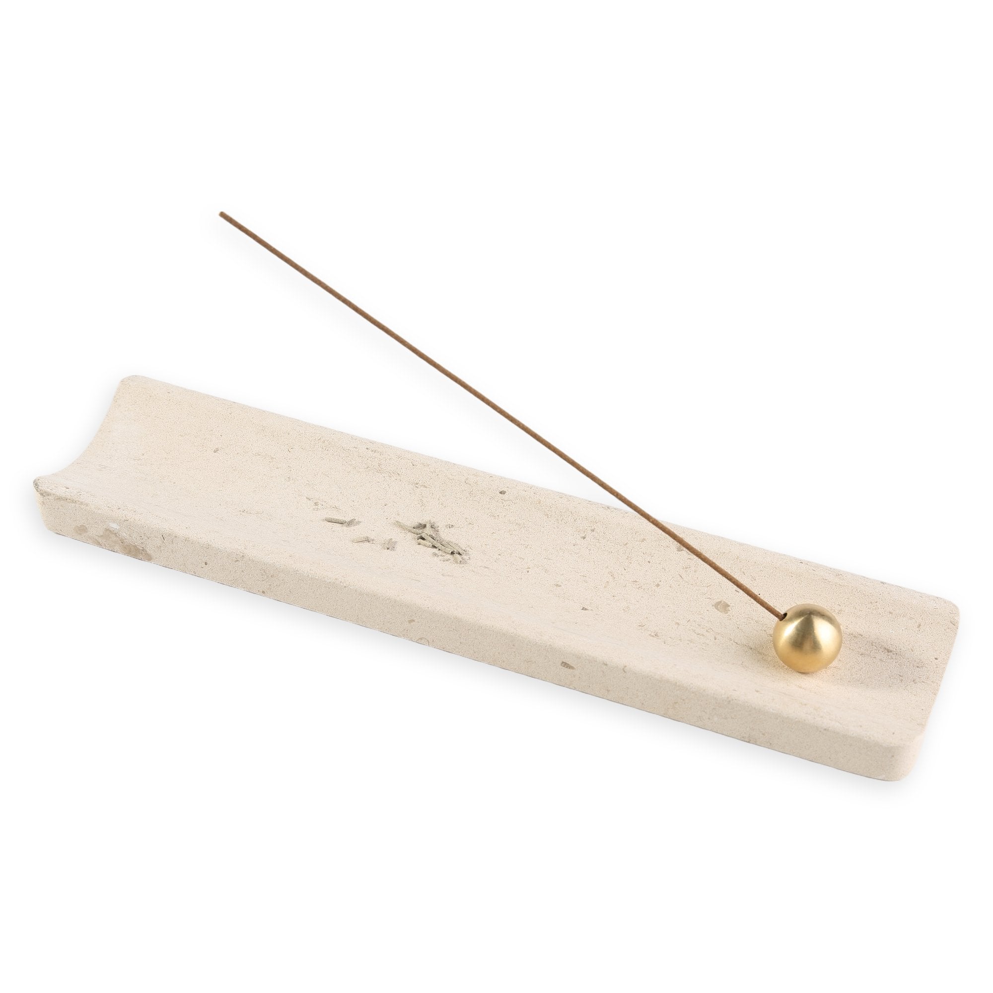 Koville natural marble incense holder in Moca Crema with burning incense stick