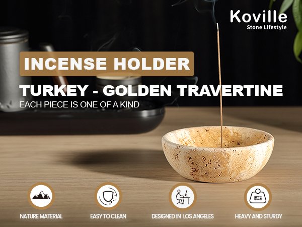 Koville natural marble incense holder pro d 130 t 45 in Golden Travertine with burning incense stick