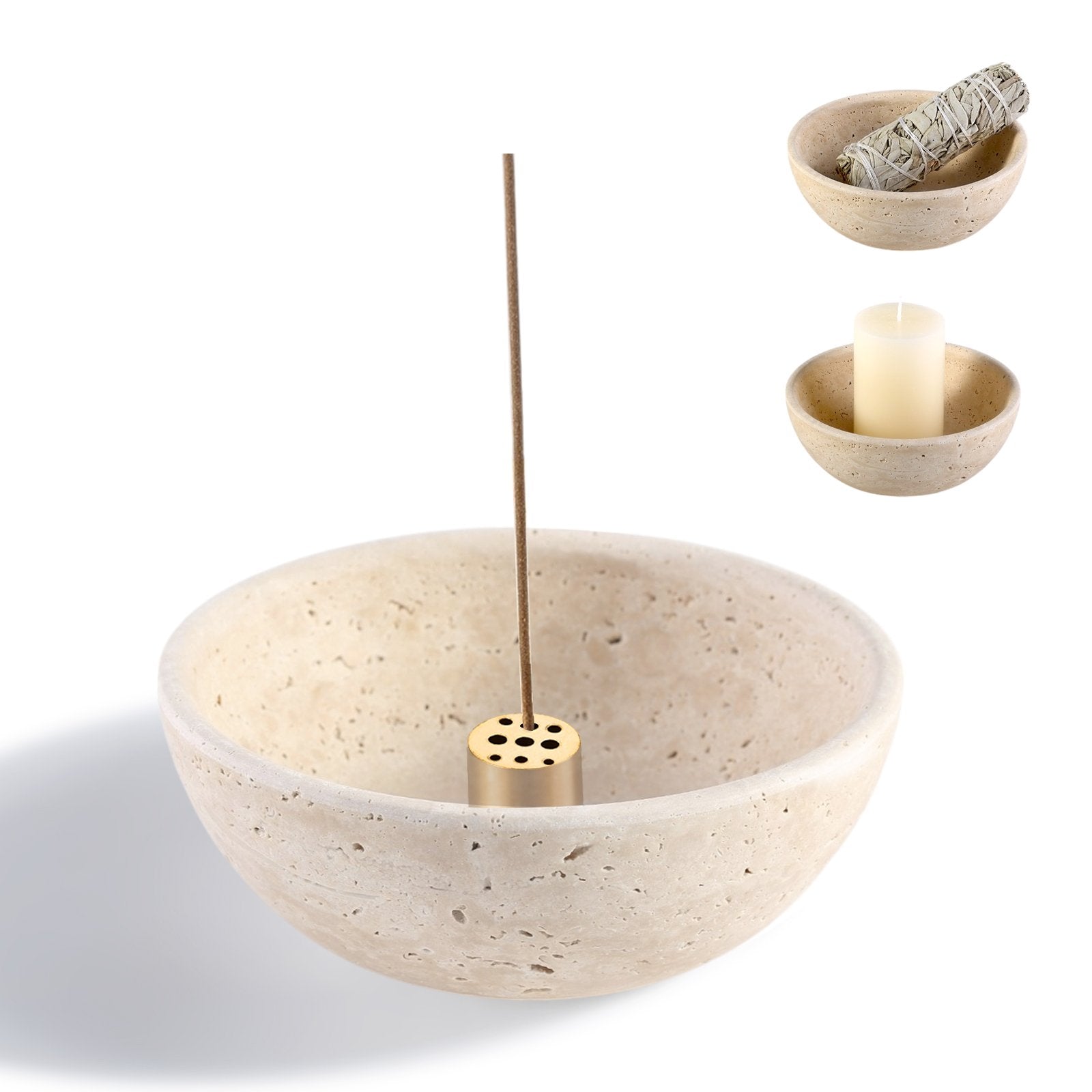 Koville natural marble incense holder pro d 130 t 45 in Travertino Romano with burning incense stick