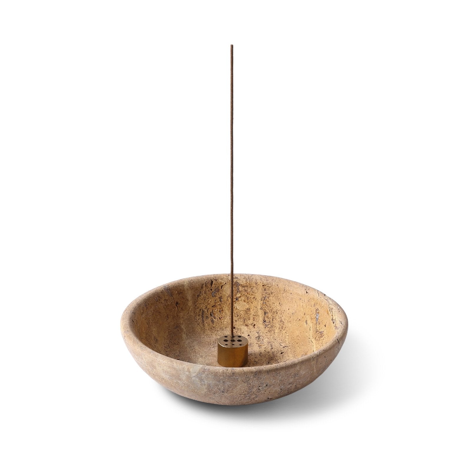 Koville natural marble incense holder pro d 150 t 40 in Golden Travertine with burning incense stick