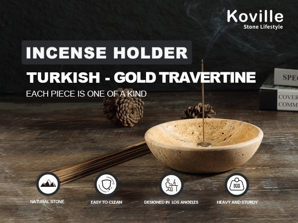 Koville natural marble incense holder pro d 150 t 40 in Golden Travertine with burning incense stick