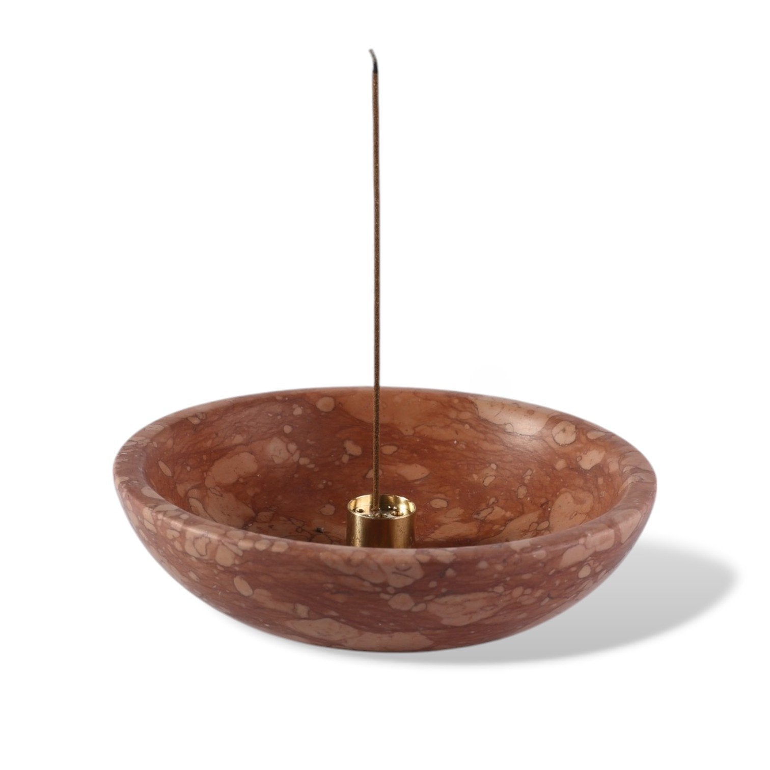 Koville natural marble incense holder pro d 150 t 40 in Perlino Rosato with burning incense stick