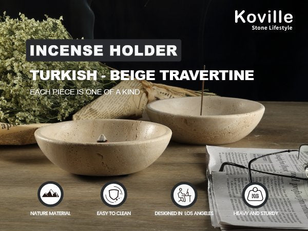 Koville natural marble incense holder pro d 150 t 40 in Travertino Romano with burning incense stick