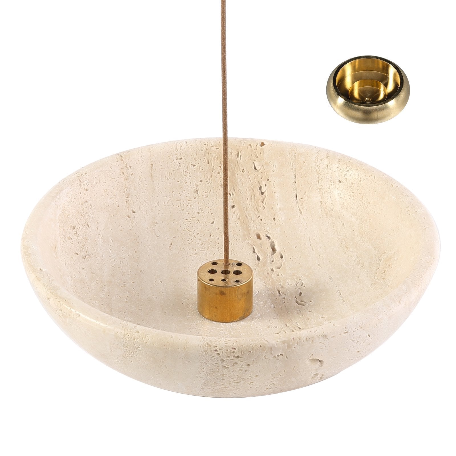 Koville natural marble incense holder pro d 150 t 40 in Travertino Romano with burning incense stick