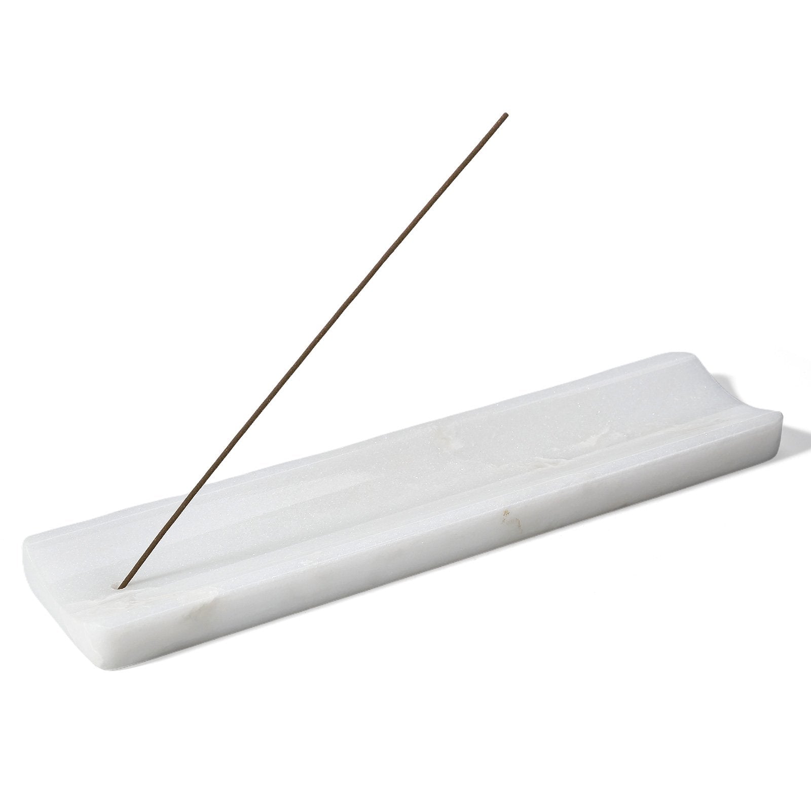 Koville natural marble incense holder slanted hole in Namib Bianco with burning incense stick