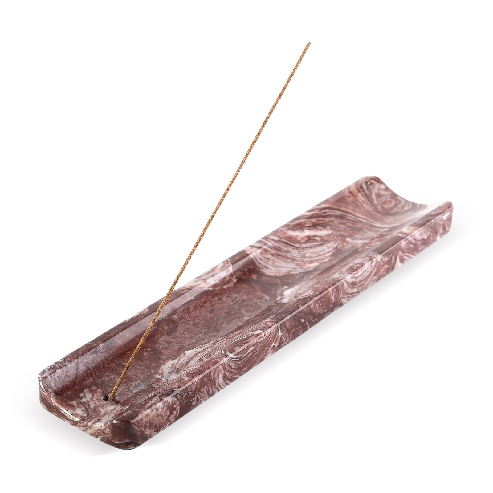 Koville natural marble incense holder slanted hole in Red Storm with burning incense stick