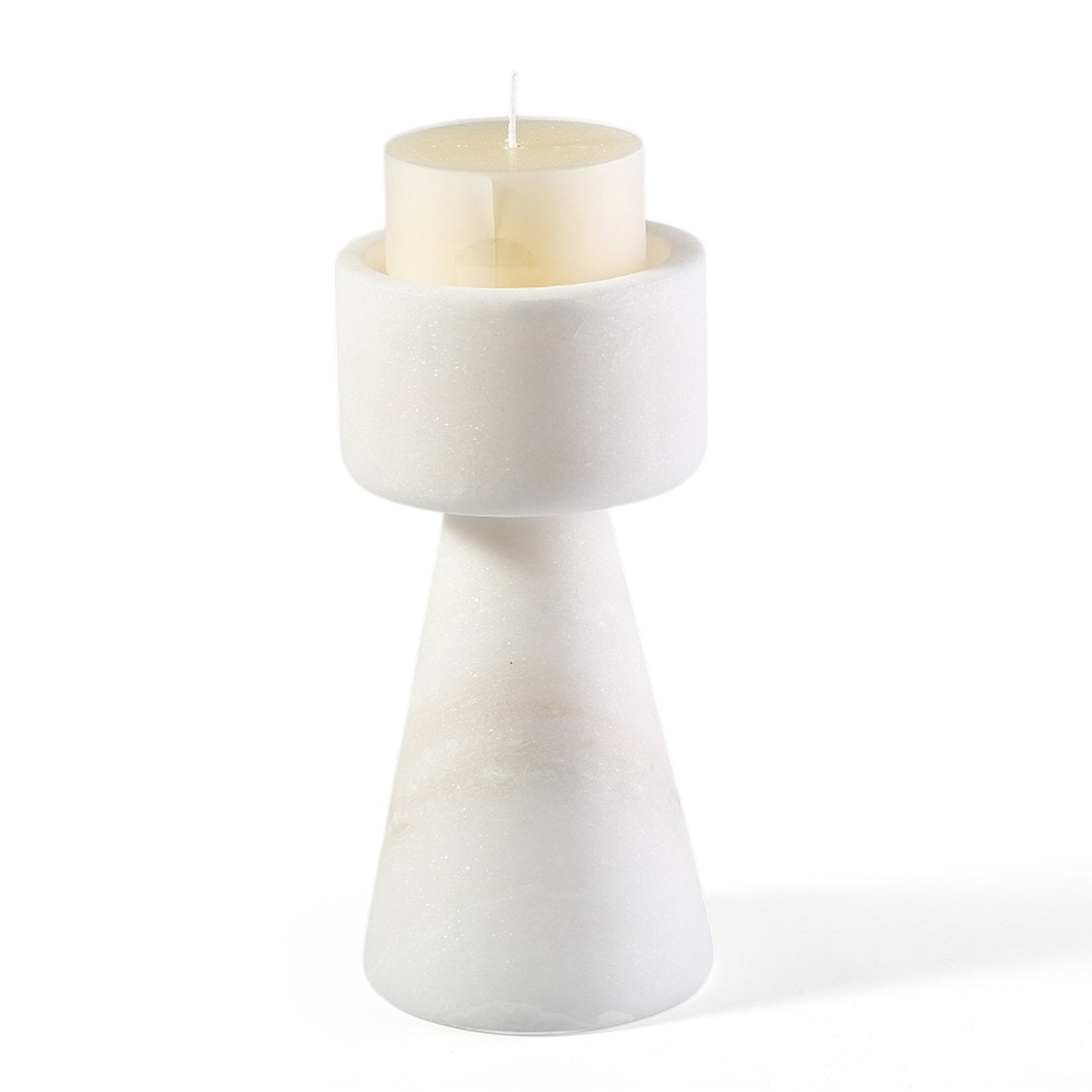 Koville natural marble lighthouse candle holder h 203 2 in Namib Bianco with a lit tea light candle