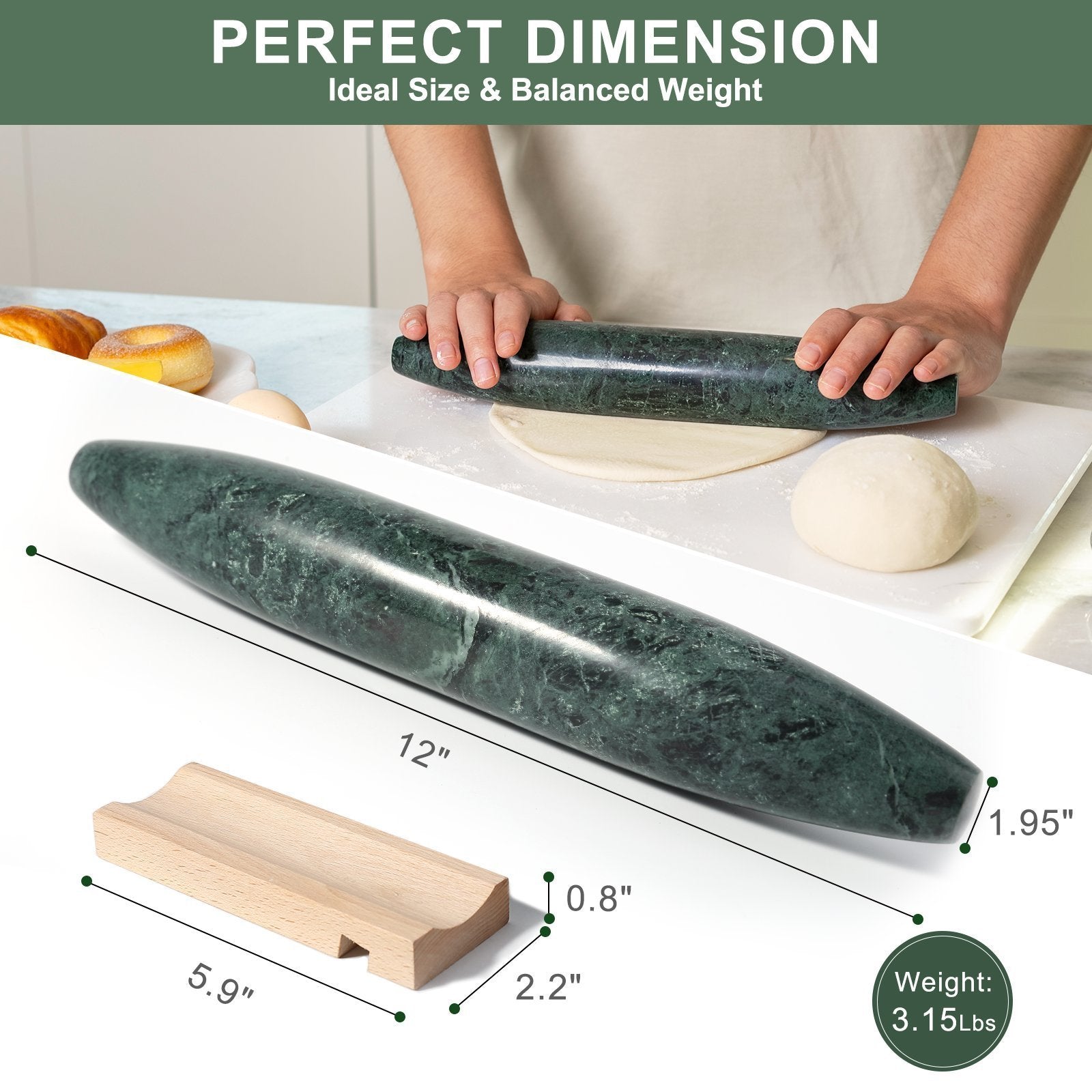 Koville Indian Green natural marble fish belly French rolling pin for baking