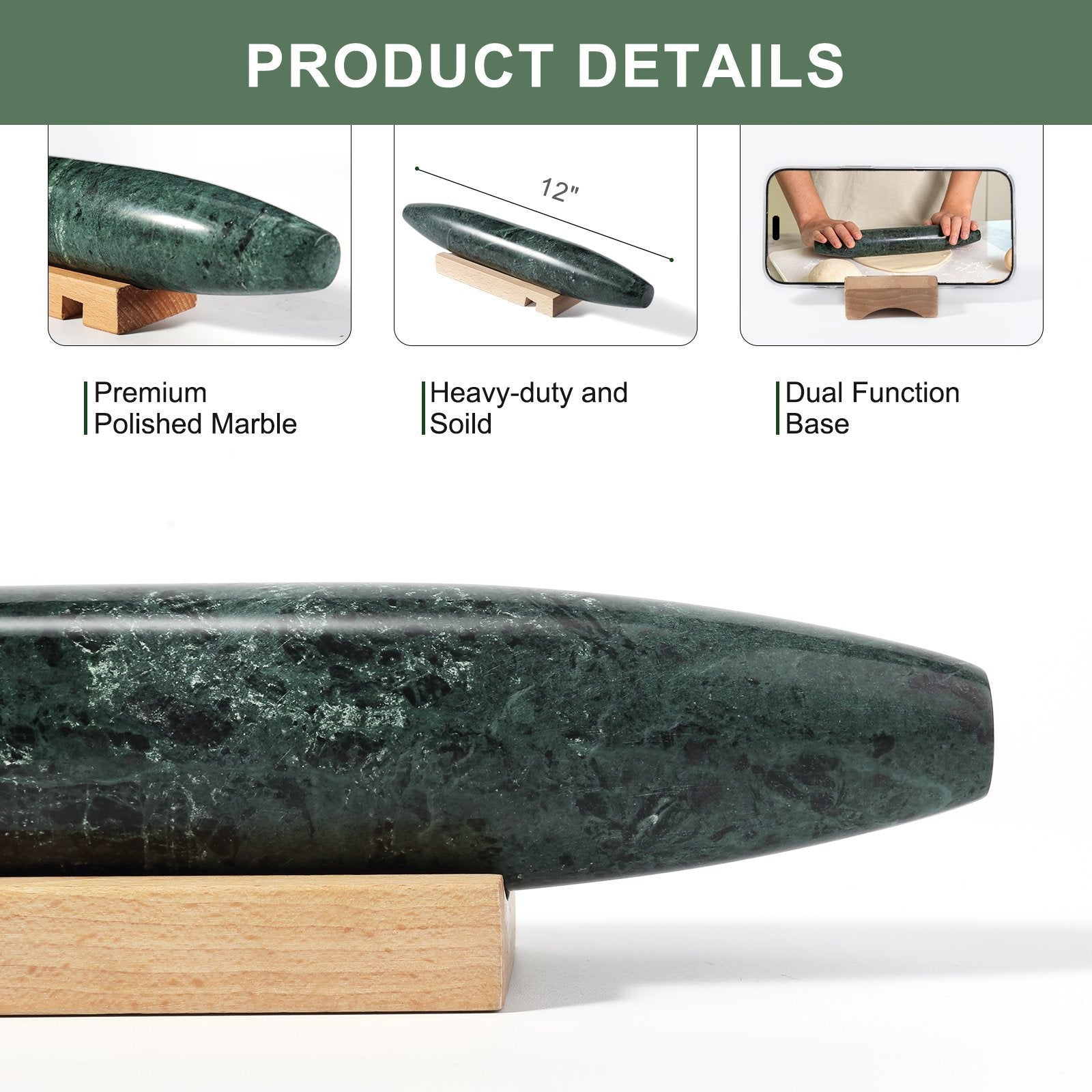 Koville Indian Green natural marble fish belly French rolling pin for baking