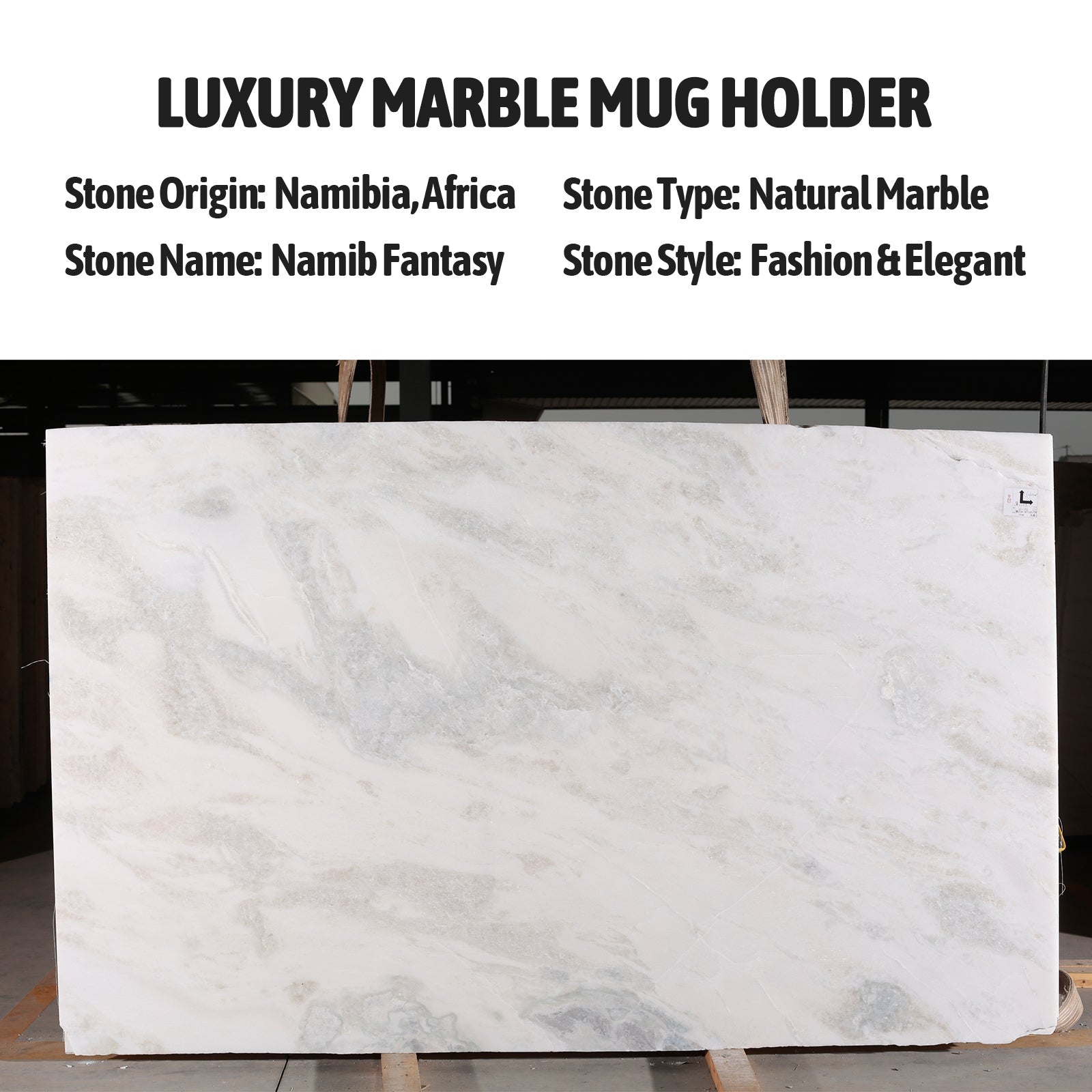 Koville Namib Fantasy natural marble mug holder displayed with its wooden rack