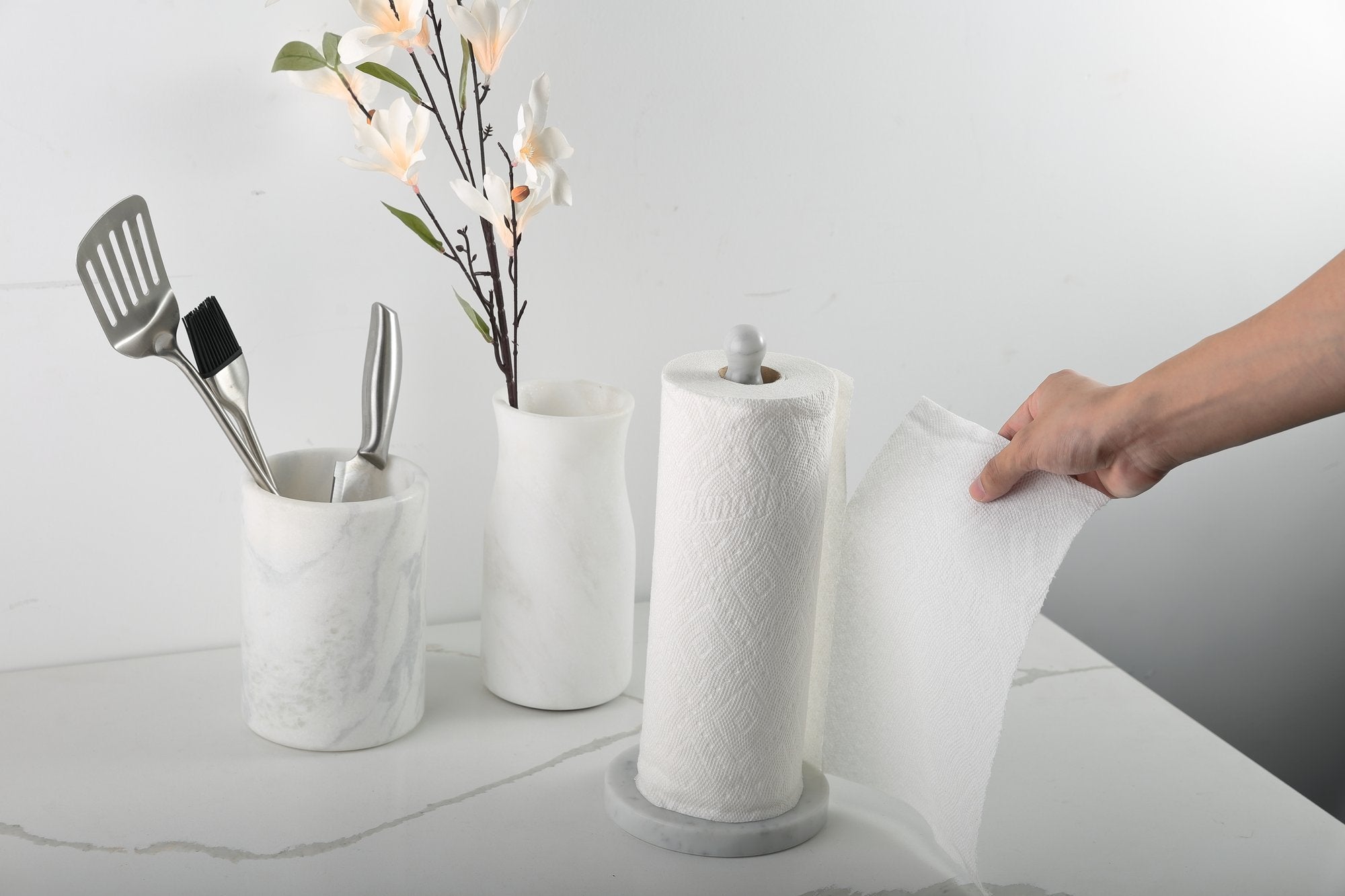 Koville Bianco Carrara natural marble paper towel holder with stone rod
