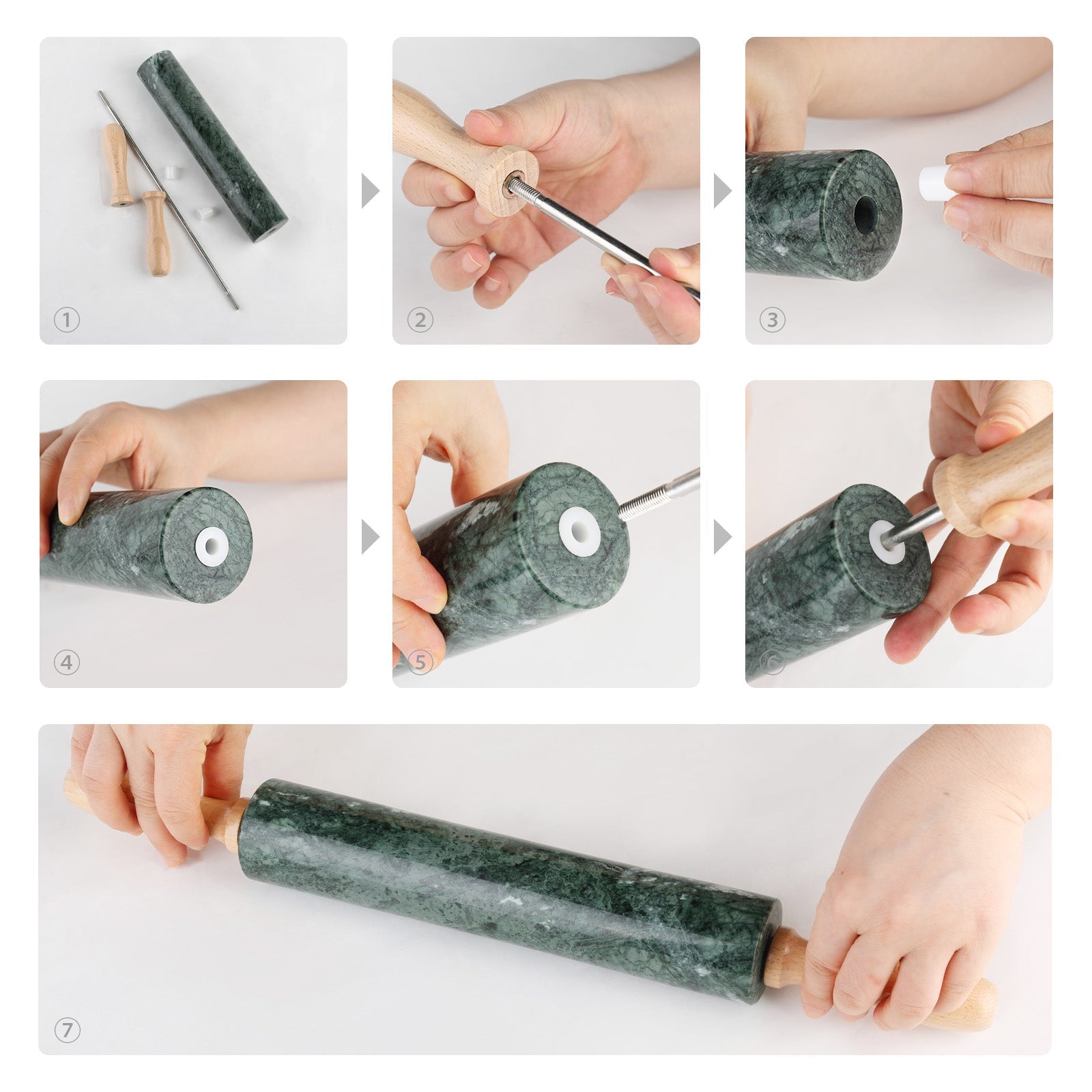 Koville Indian Green natural marble rolling pin with wooden rack styled in a kitchen setting