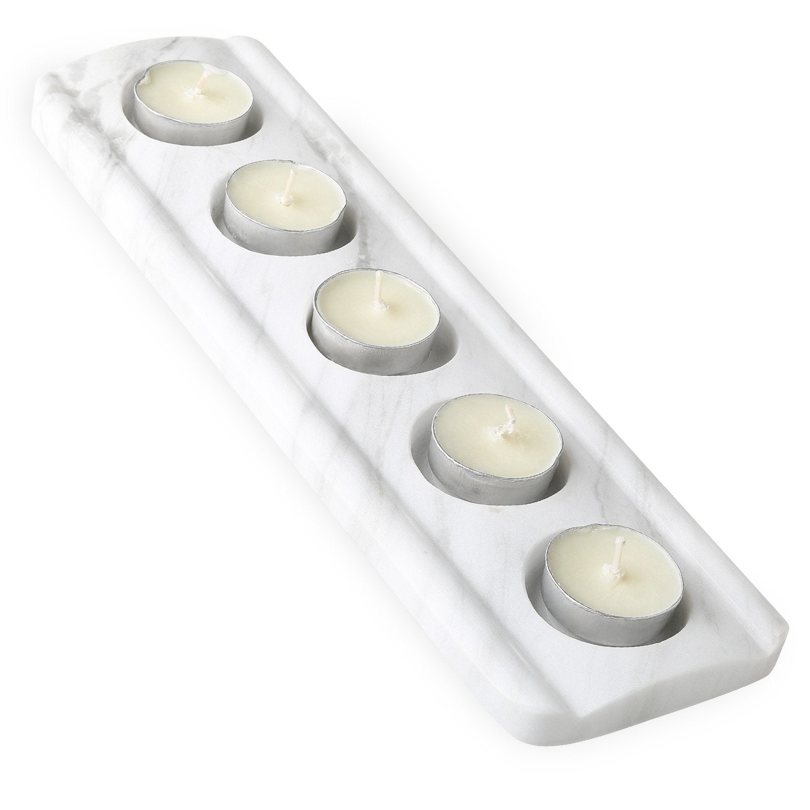 Koville natural marble tea light candle holder 5 holes in Agiax with a lit tea light candle