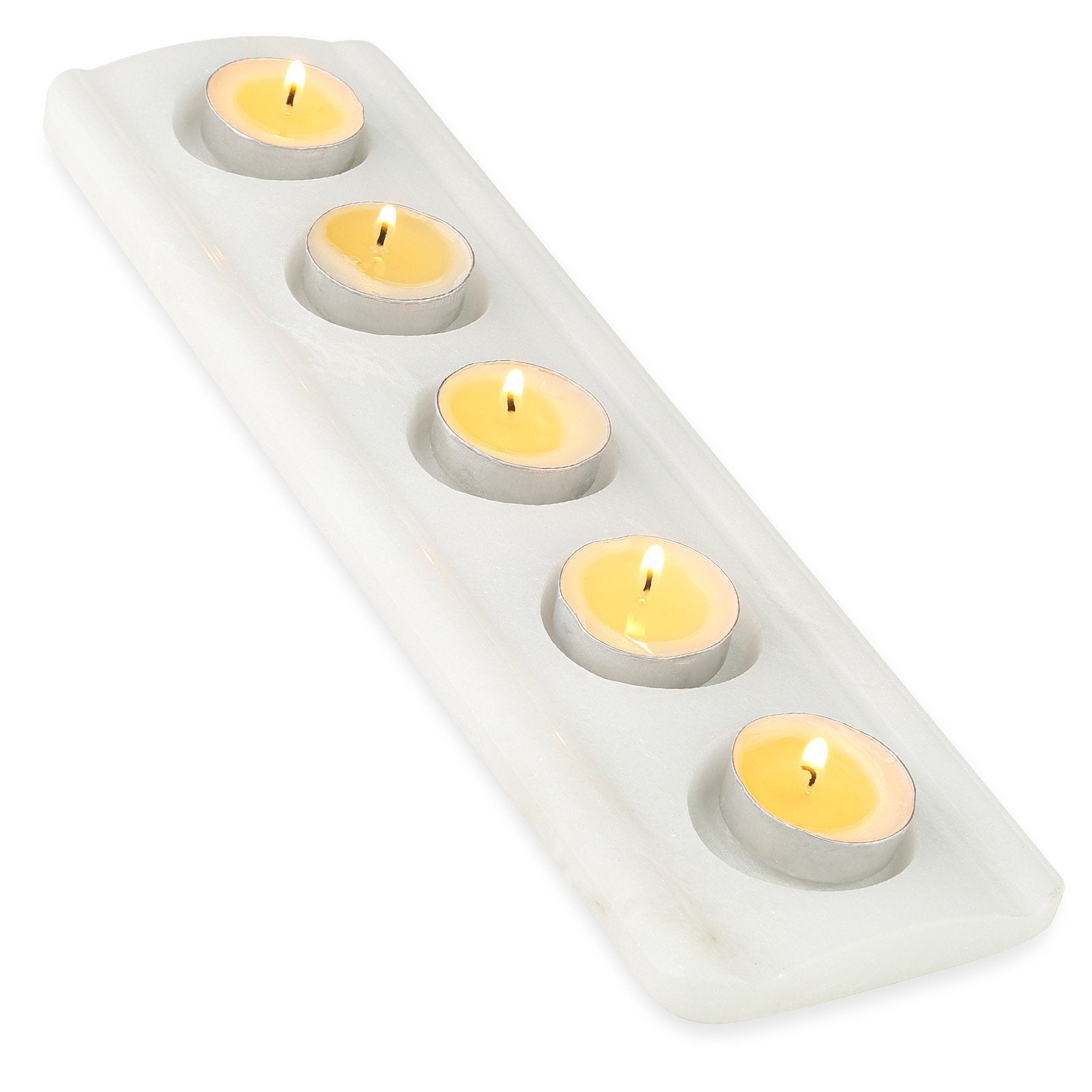 Koville natural marble tea light candle holder 5 holes in Namib Bianco with a lit tea light candle