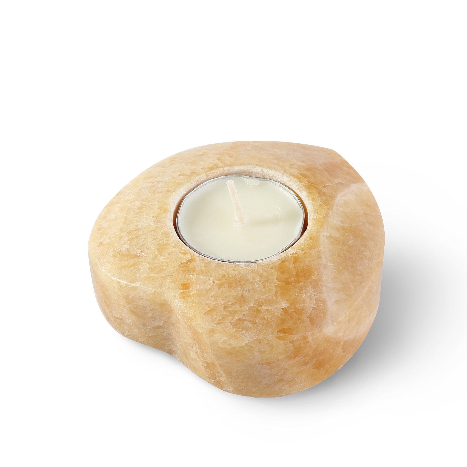 Koville natural marble tea light candle holder t 30 in Orange Onyx with a lit tea light candle