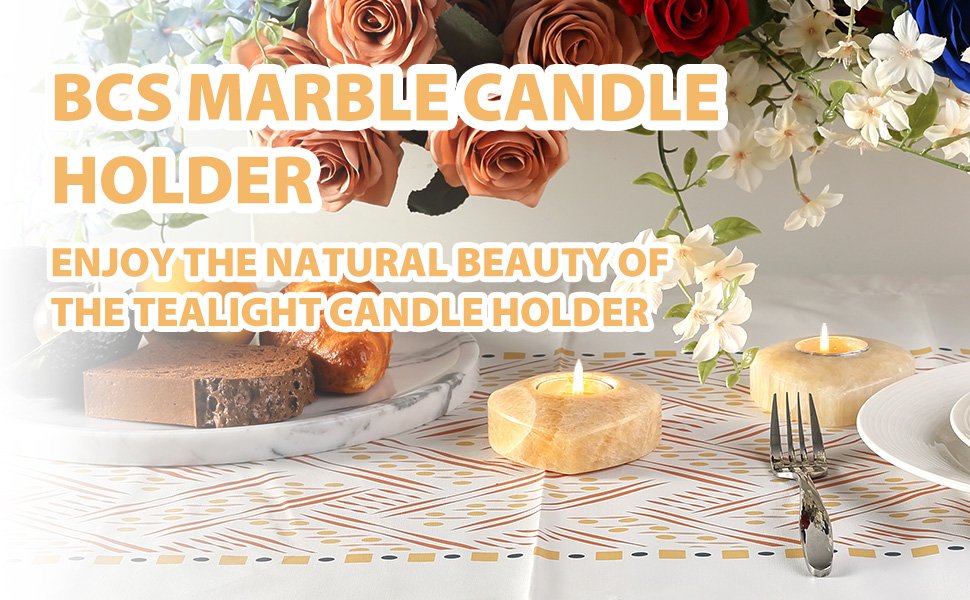 Koville natural marble tea light candle holder t 30 in Orange Onyx with a lit tea light candle