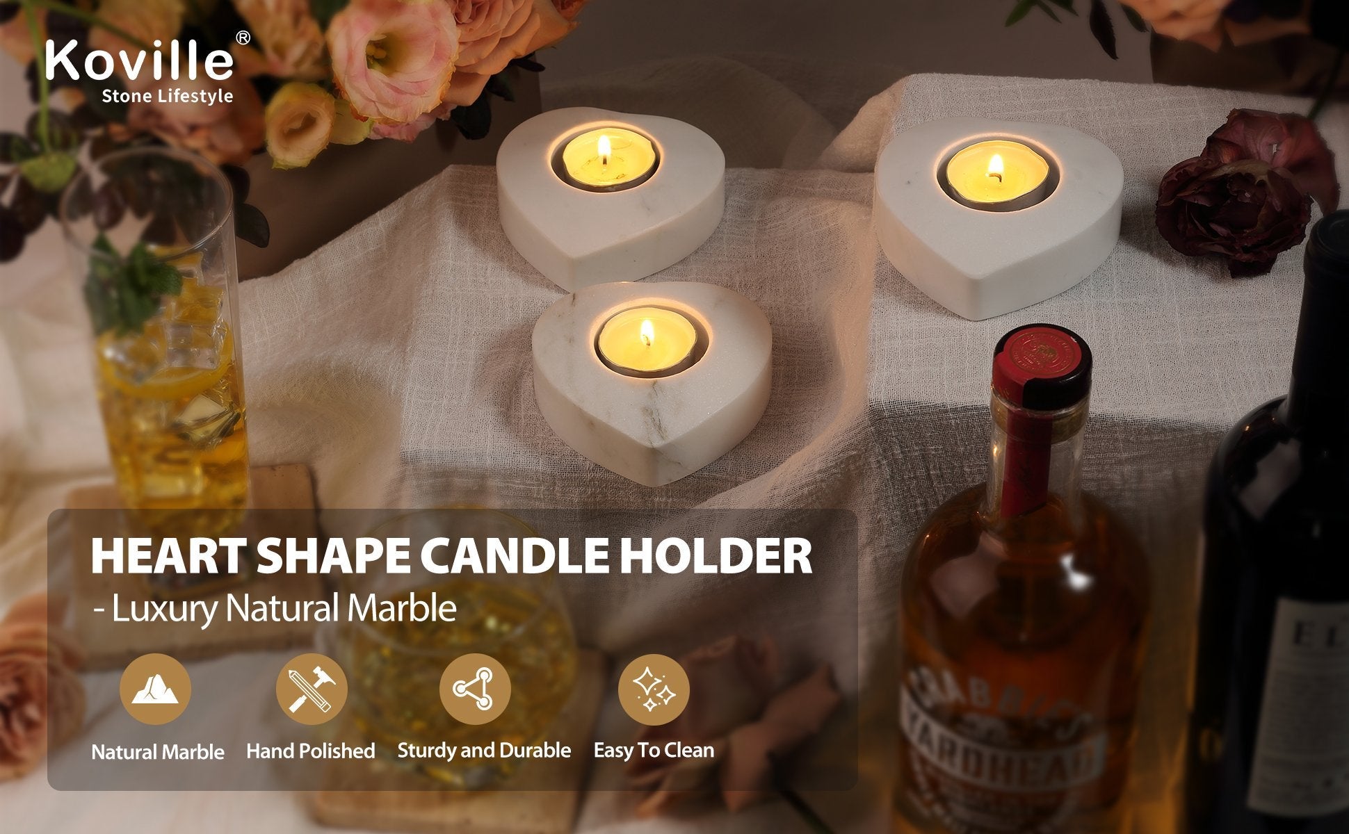 Koville natural marble tea light candle holder t 30 in Sivec with a lit tea light candle