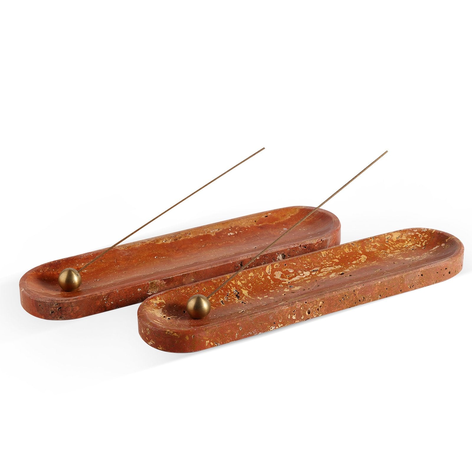 Koville natural marble incense burner pro oval in Red Travertine with burning incense stick