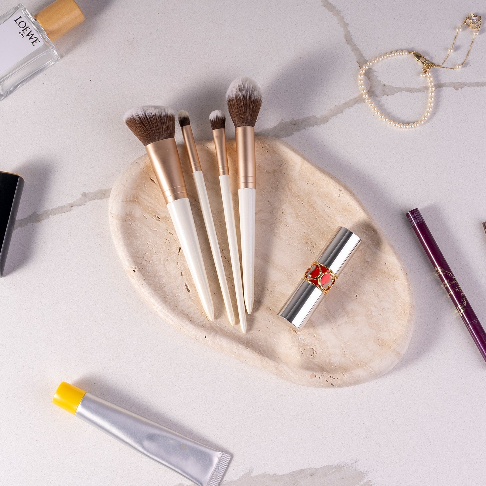 Koville lace edge storage tray for small items in Light BeigeTravertine natural stone