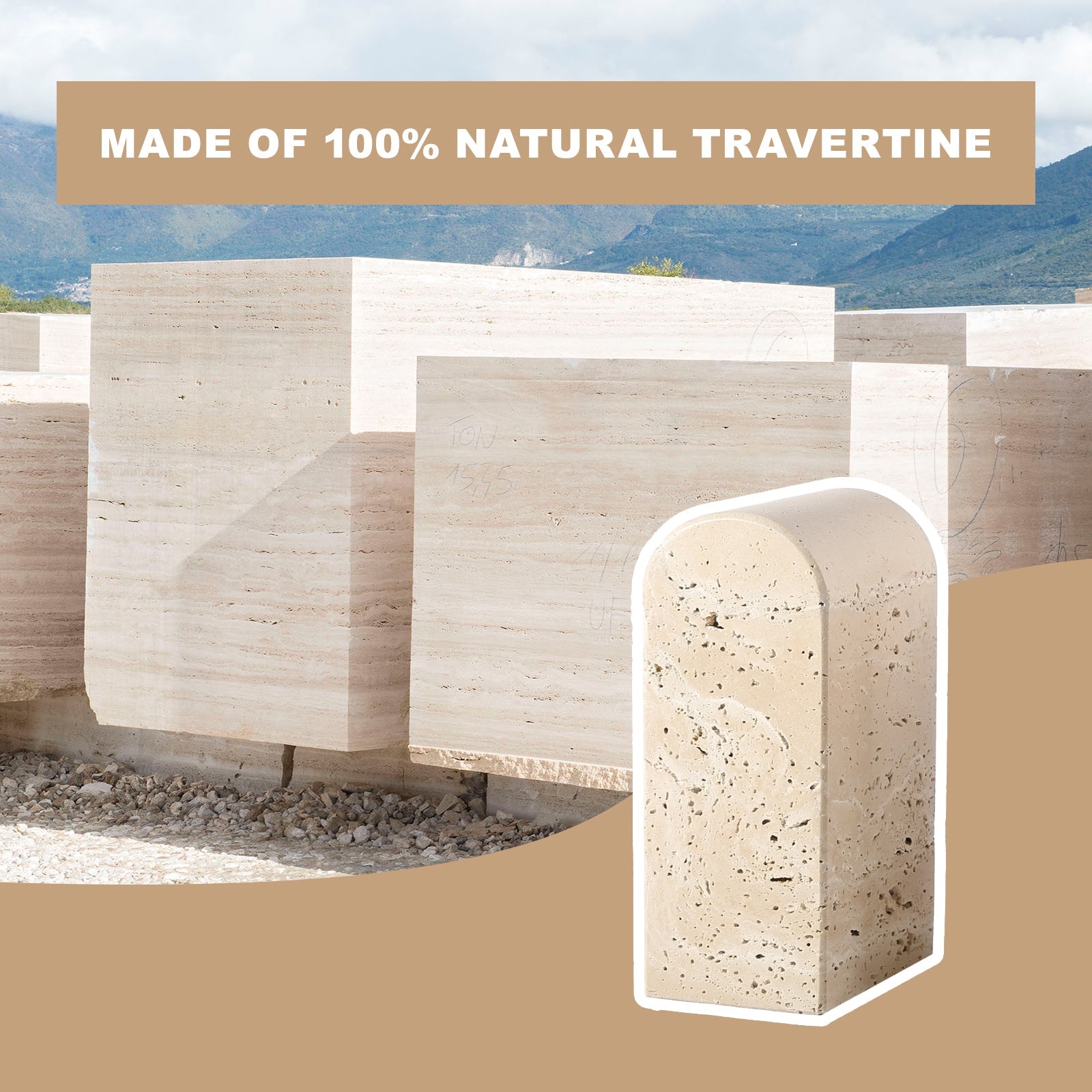 Koville medium triumphal arch bookends for shelf styling in Travertino Romano natural stone