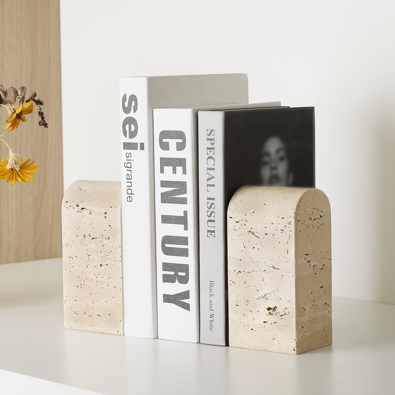 Koville medium triumphal arch bookends for shelf styling in Travertino Romano natural stone