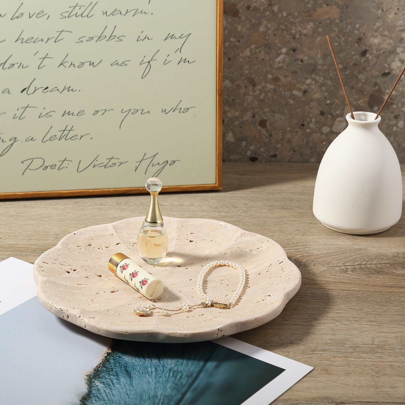 Koville pumpkin serving tray for table styling in Light BeigeTravertine natural stone