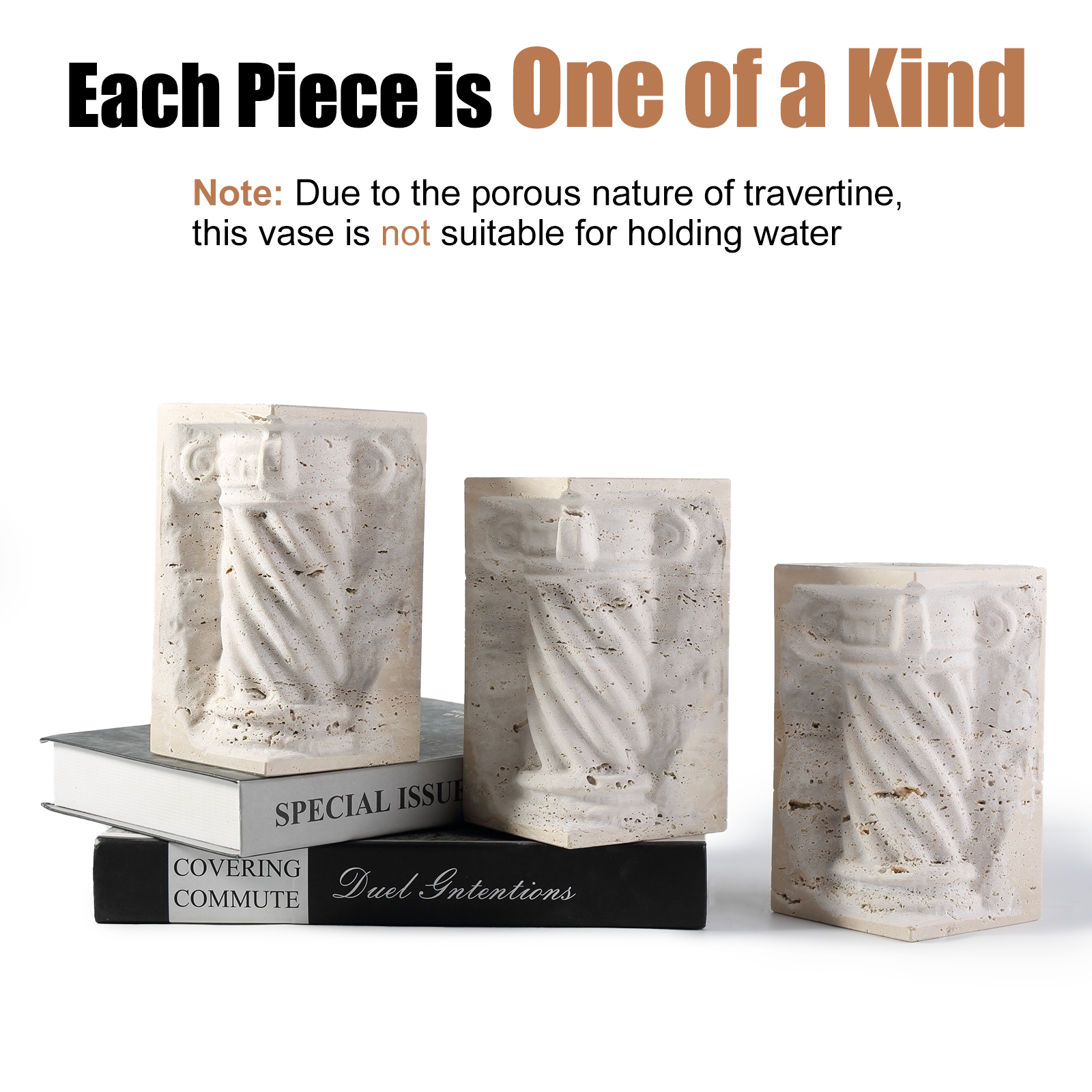 Koville roman column vase bookends for shelves in Light BeigeTravertine natural stone