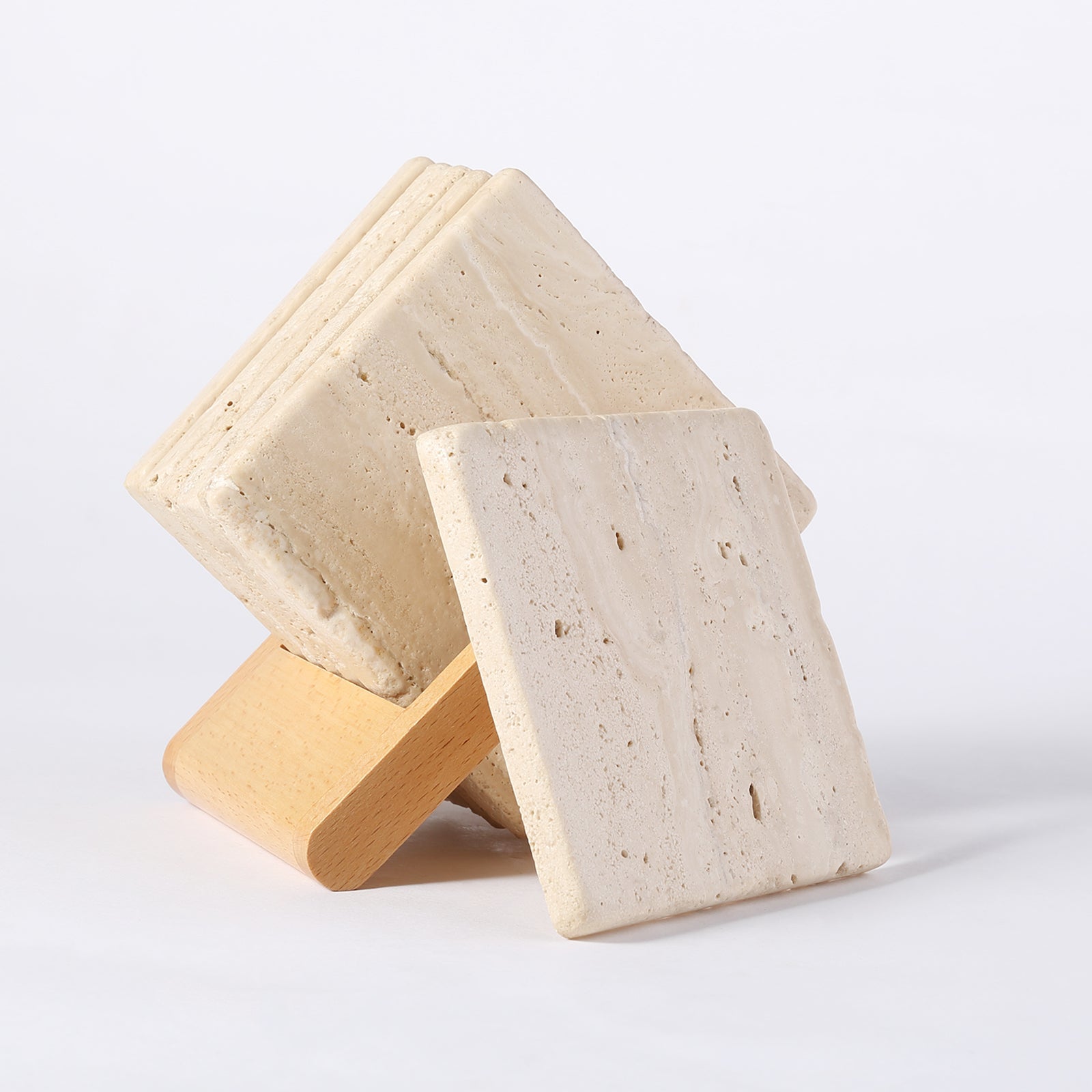 Koville Natural Stone Square Coaster Set for Table Protection in Travertino Romano - product presentation