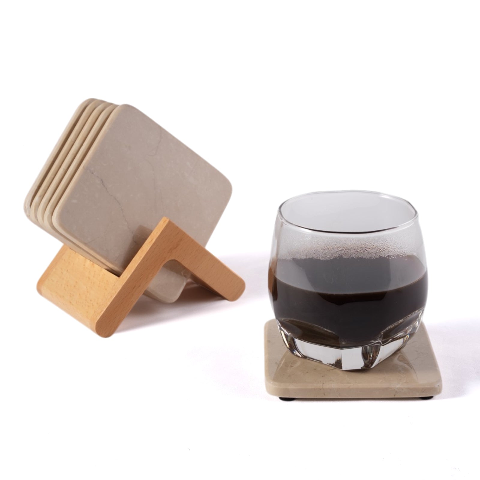 Koville Natural Stone Square Coaster Set for Table Protection in Travertino Romano - decorative form