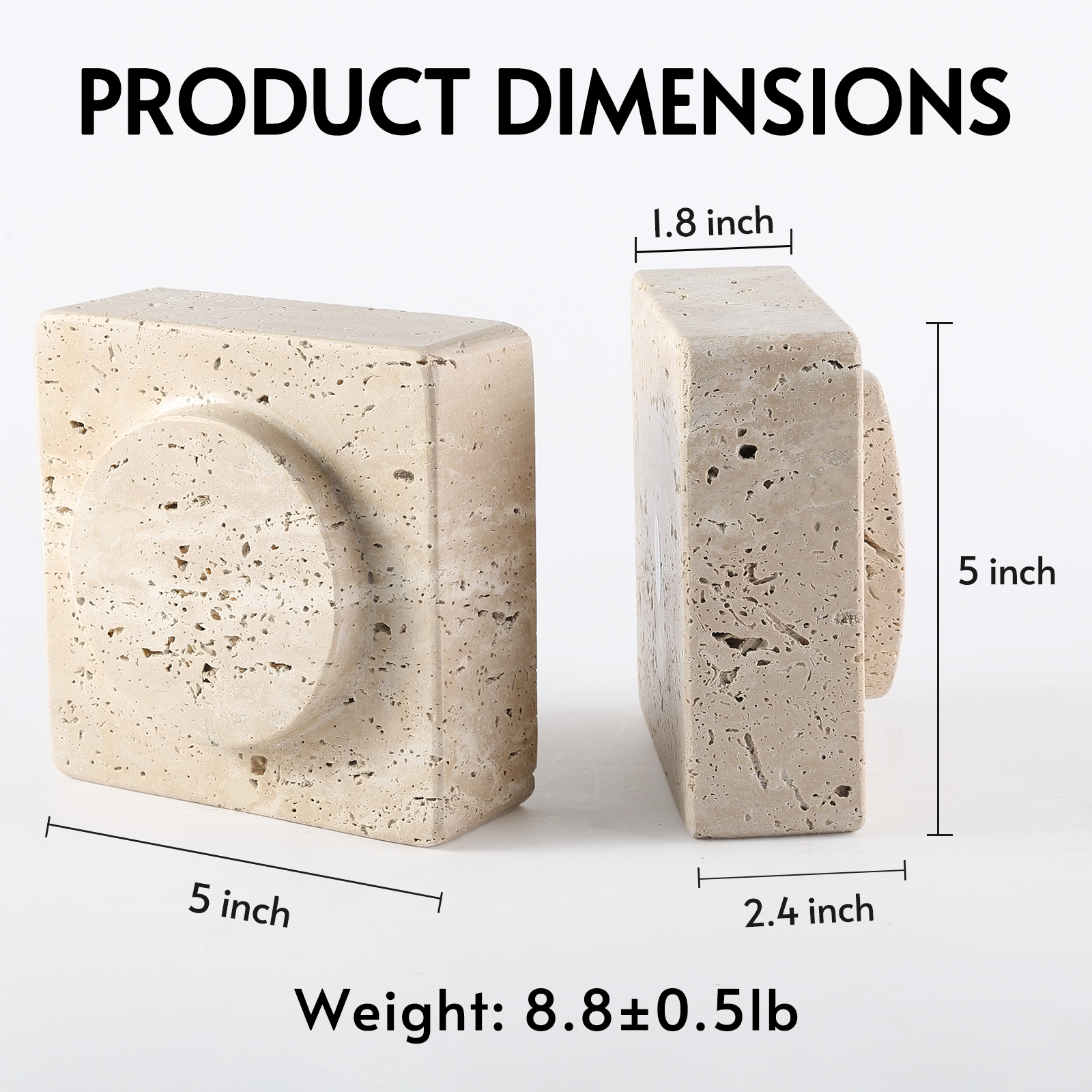 Koville Natural Stone Square Bookend Set for Modern Shelves in Travertino Romano - stone surface detail
