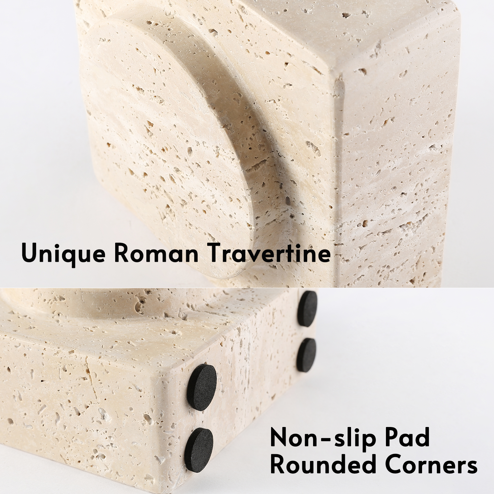 Koville Natural Stone Square Bookend Set for Modern Shelves in Travertino Romano - crafted stone profile