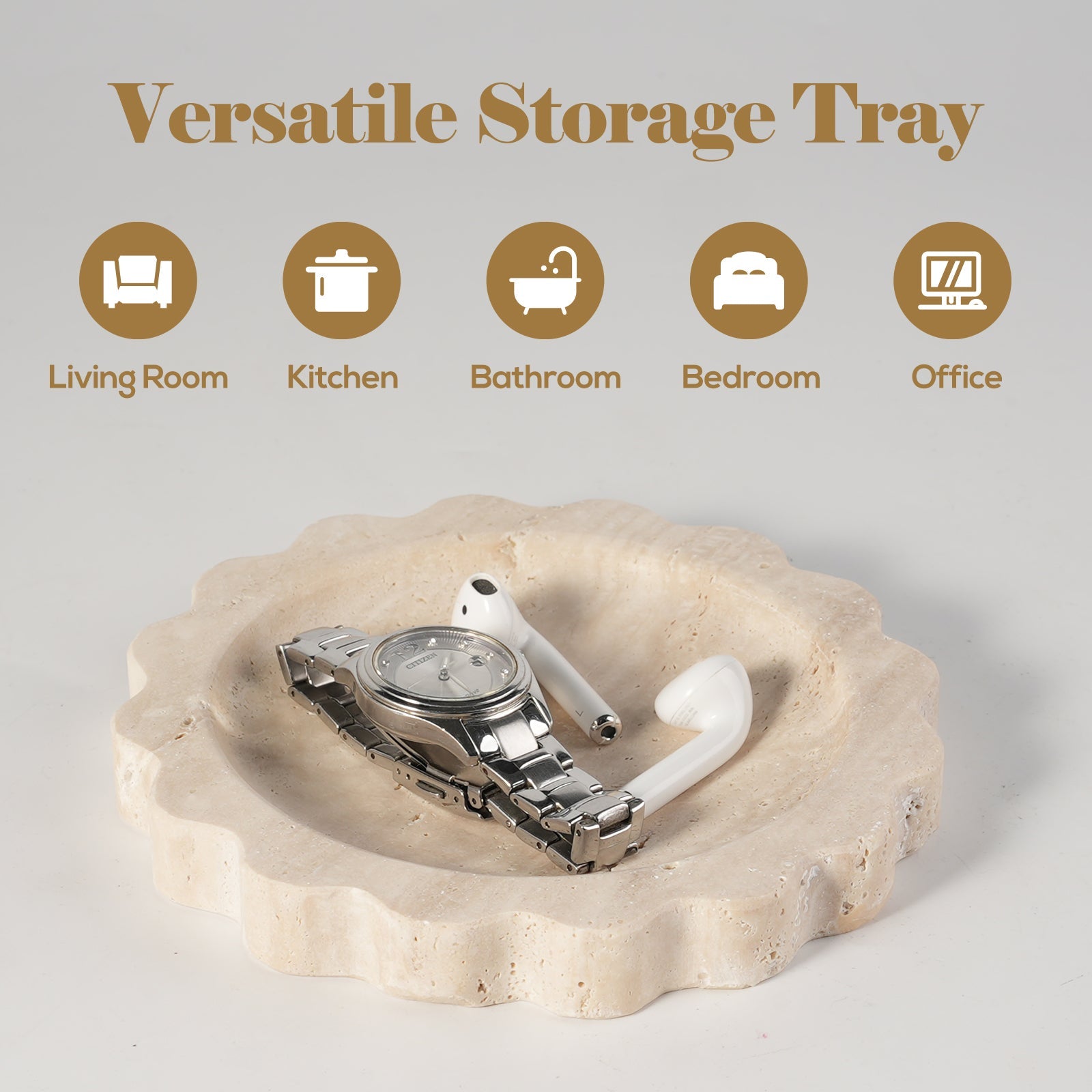 Koville Natural Travertine Wavy Edge Storage Tray for Small Items in Travertine - decorative form