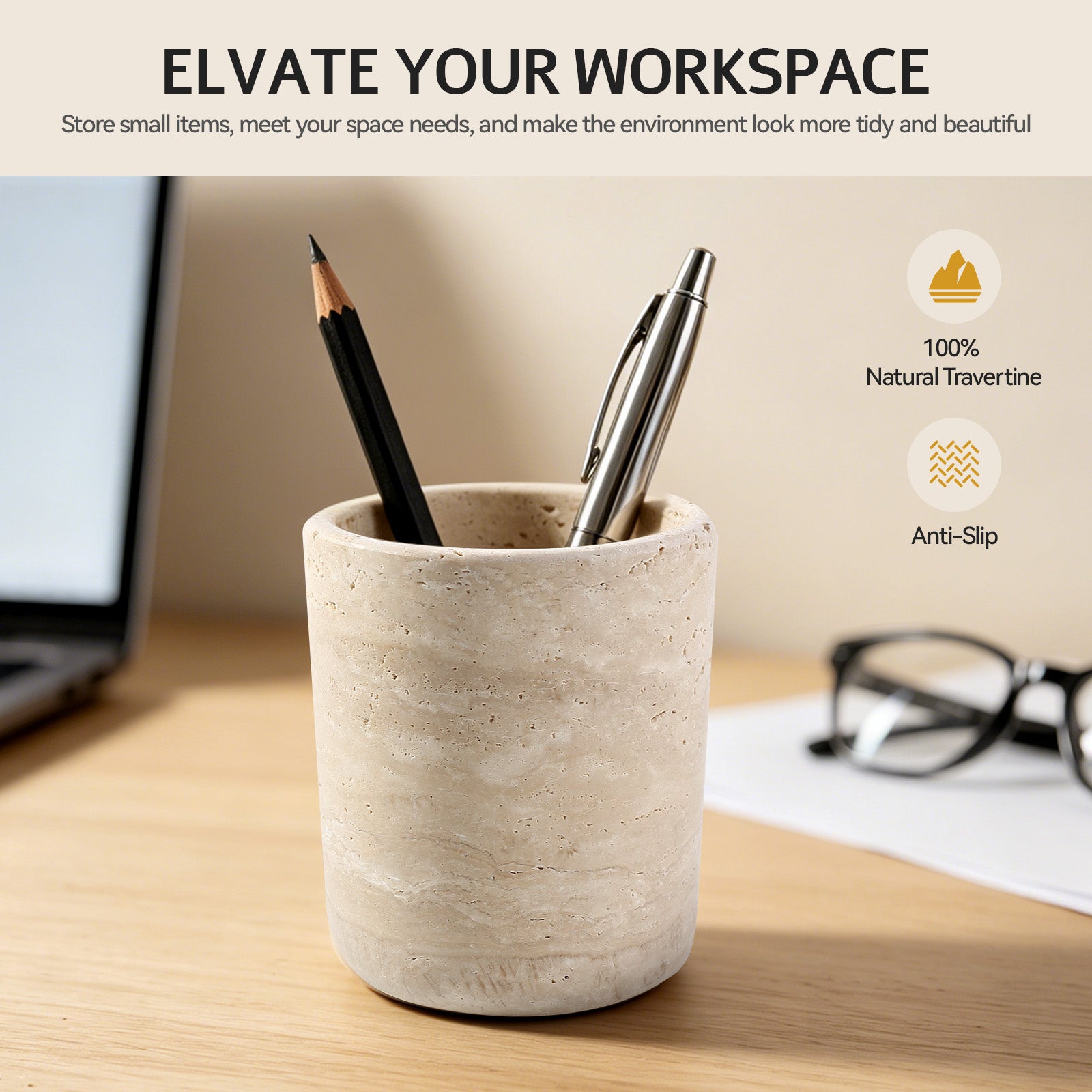 Koville Natural Stone Round Pen Holder in Light BeigeTravertine, product view 10