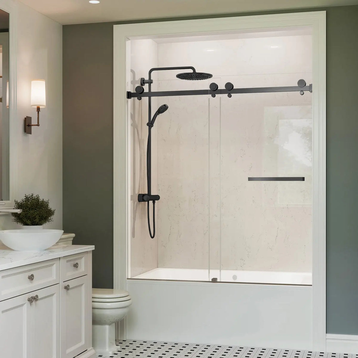 Koville frameless sliding shower door with matte black hardware, 56–60 x 66 in.