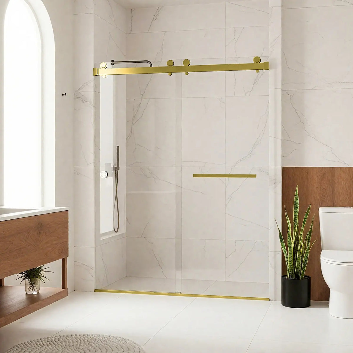 Koville frameless sliding shower door with brushed gold hardware, 56–60 x 76 in.