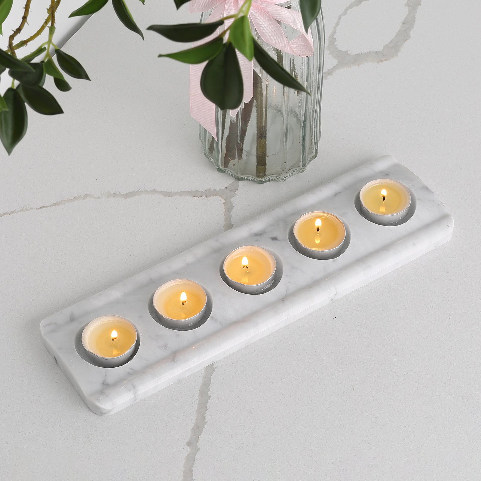 Koville 5 Holes Natural Marble Tea Light Candle Holder-Bianco Carrara