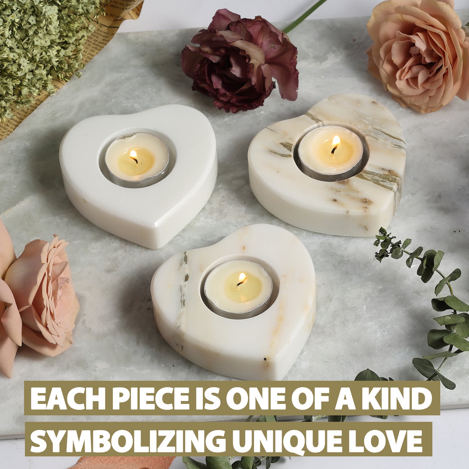 Koville Natural Marble Heart Shape Tea Light Candle Holder-Oriental Calacatta