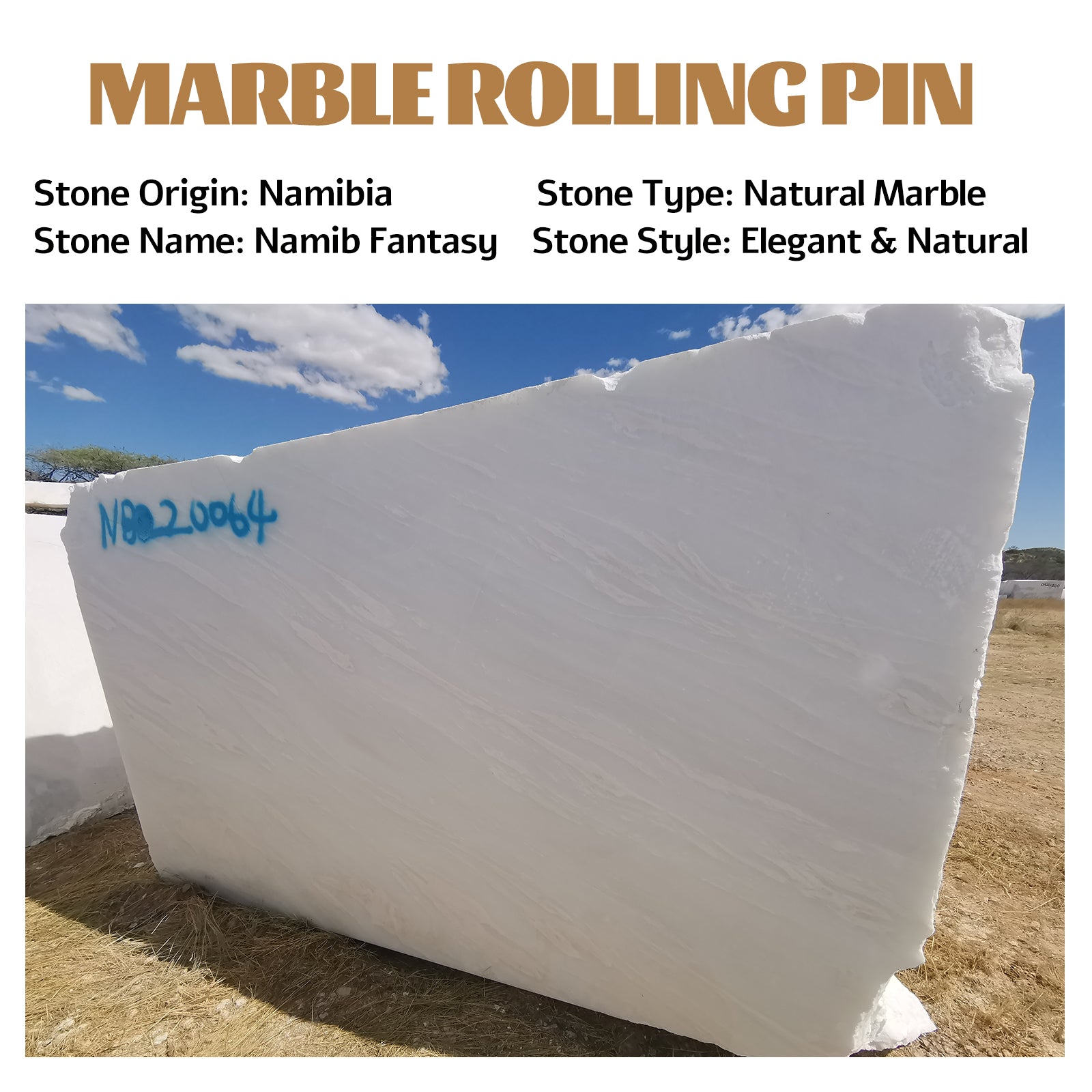 Koville Natural Marble Rolling Pin, 12 inch-Namib Fantasy