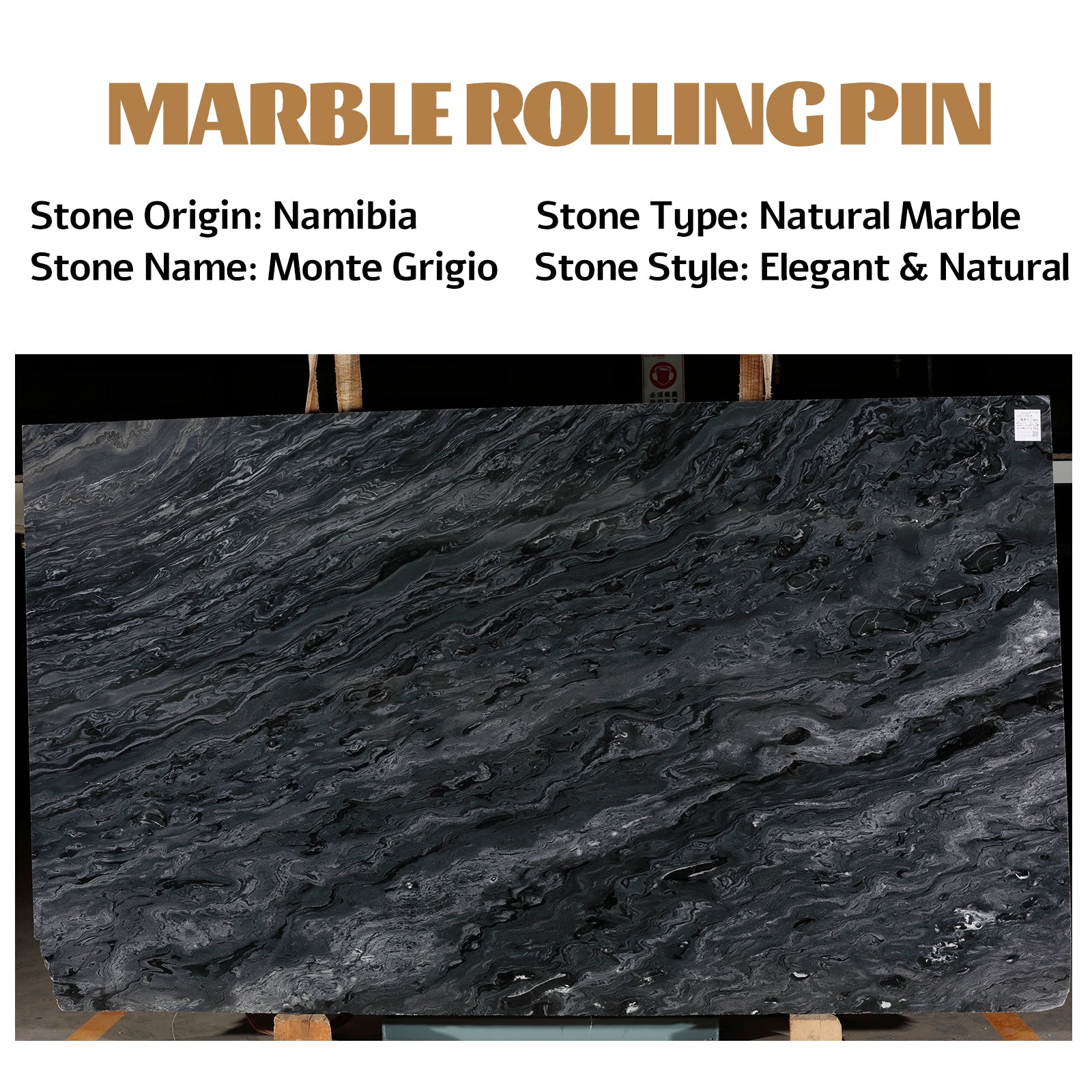 Koville Natural Marble Rolling Pin with Wooden Base Holder,13 inch-Monte Grigio