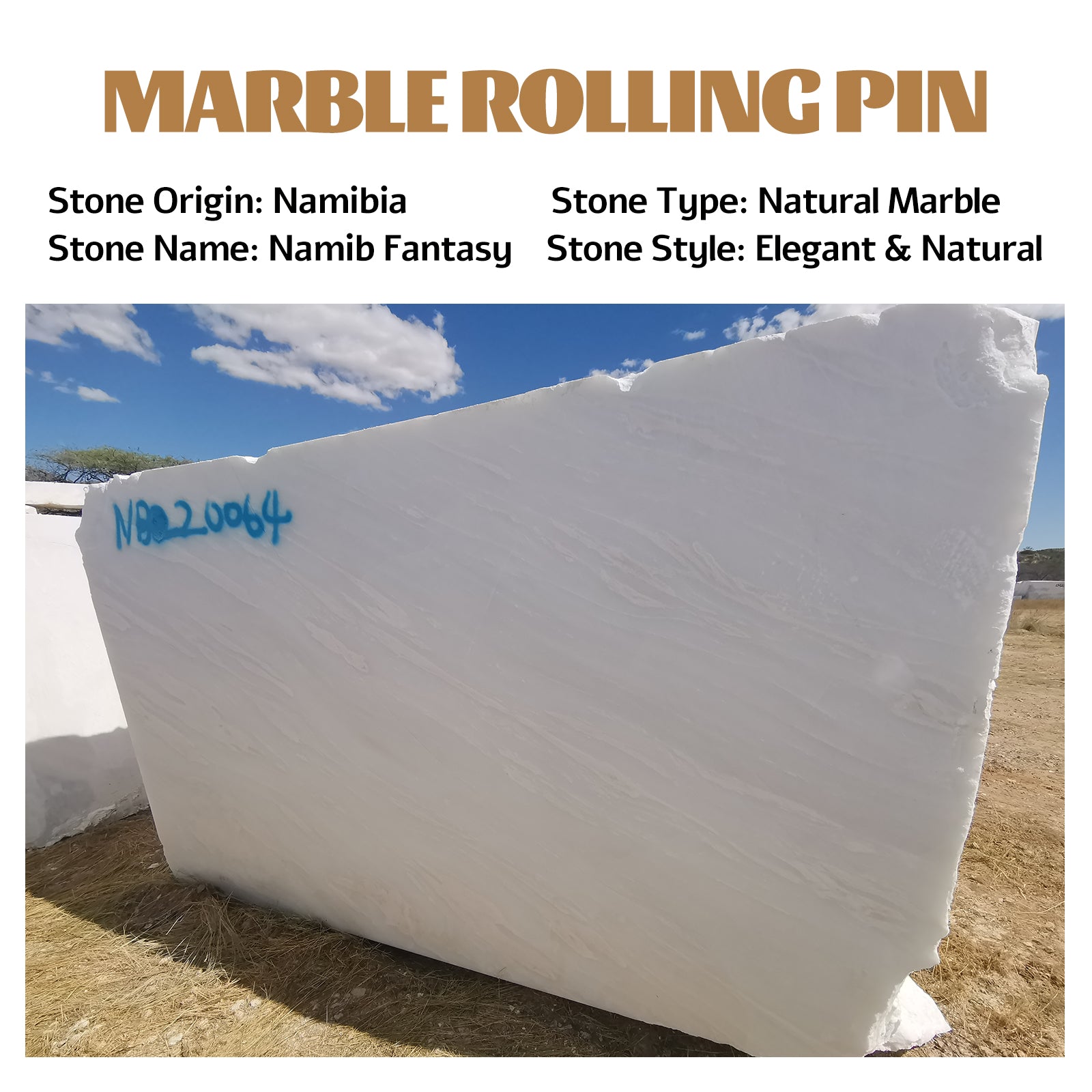 Natural Marble Rolling Pin with Wooden Base,16 inch-Namib Fantasy